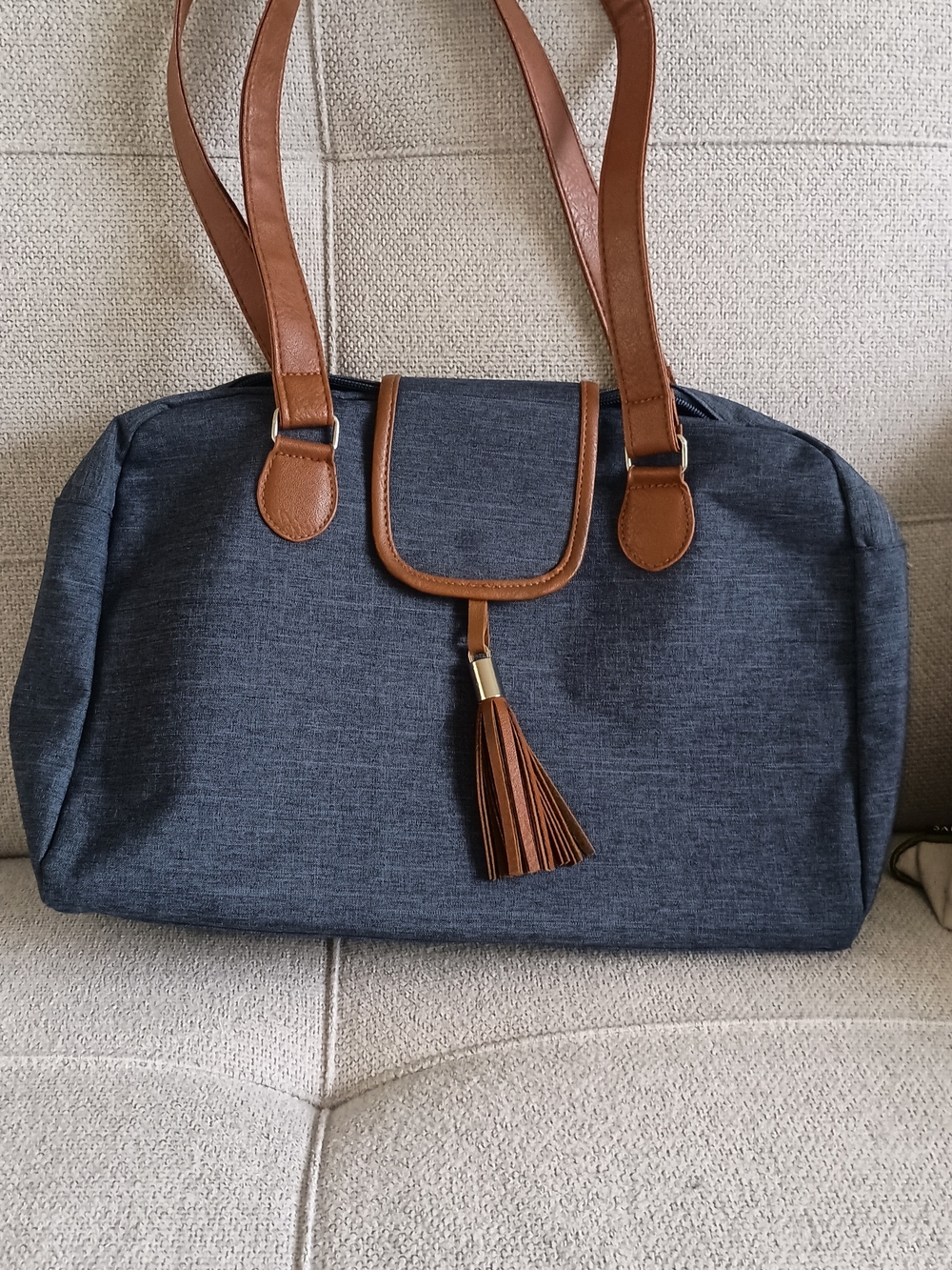 Women’s Small Denim-Style Navy Tote with Brown Trim